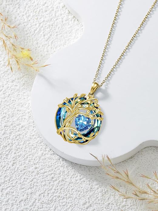 TOUPOP Tree of Life Birthstone Necklace Sterling Silver Pendant Birthstone Necklaces with Blue Crystal Anniversary Birthday Jewelry for Women Mom Wife Her