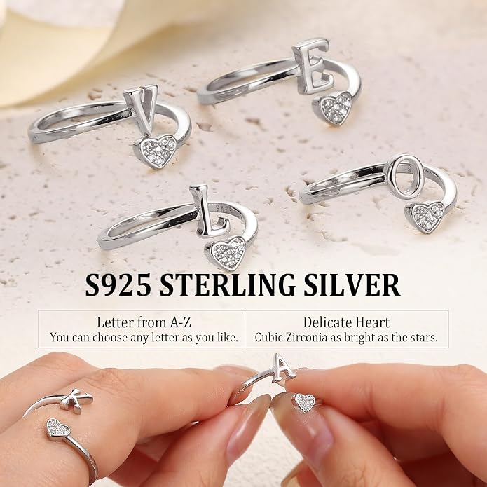 MILACOLATO 925 Sterling Silver Initial Rings for Women Teen Girl 18K Gold Plated Heart Initial Rings Adjustable Capital Letter Ring Stackable Thumb Pinky Rings for Daughter Birthday Bridesmaid Gifts Jewelry, A to Z