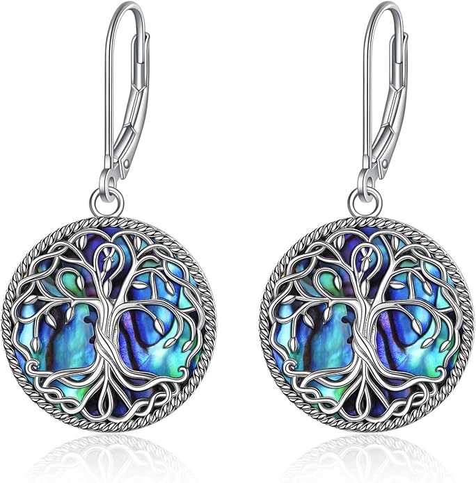 POPLYKE Celtic Tree of Life Earrings for Women Sterling Silver Family Tree Abalone Shell/Volcano Crystal Dangle Earrings Jewelry