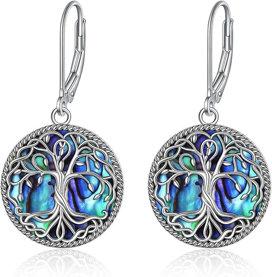 POPLYKE Celtic Tree of Life Earrings for Women Sterling Silver Family Tree Abalone Shell/Volcano Crystal Dangle Earrings Jewelry