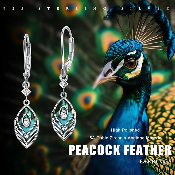 CUOKA MIRACLE Peacock Feather Earrings 925 Sterling Silver Abalone Shell Earring Hypoallergenic Bohemia Earrings for Women Jewelry Christmas Birthday Gifts for Women Men Mom