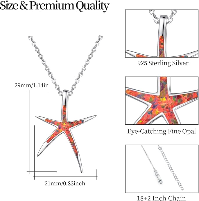 Cuoka Starfish Necklace, 925 Sterling Silver with Opal, Hawaiian Beach Nautical Ocean Pendant, Starfish Jewelry Opal Jewelry Valentine for Women Girlfriend