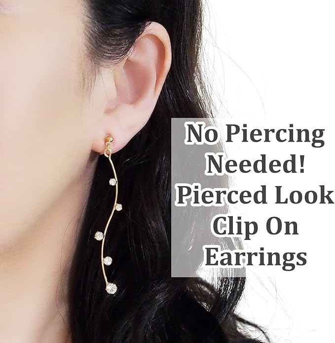 Comfortable Stick Invisible Clip On Earrings Gold Dangle Long Waved Threader Bar Clip-On Non Pierced Earrings Silver For Women,…