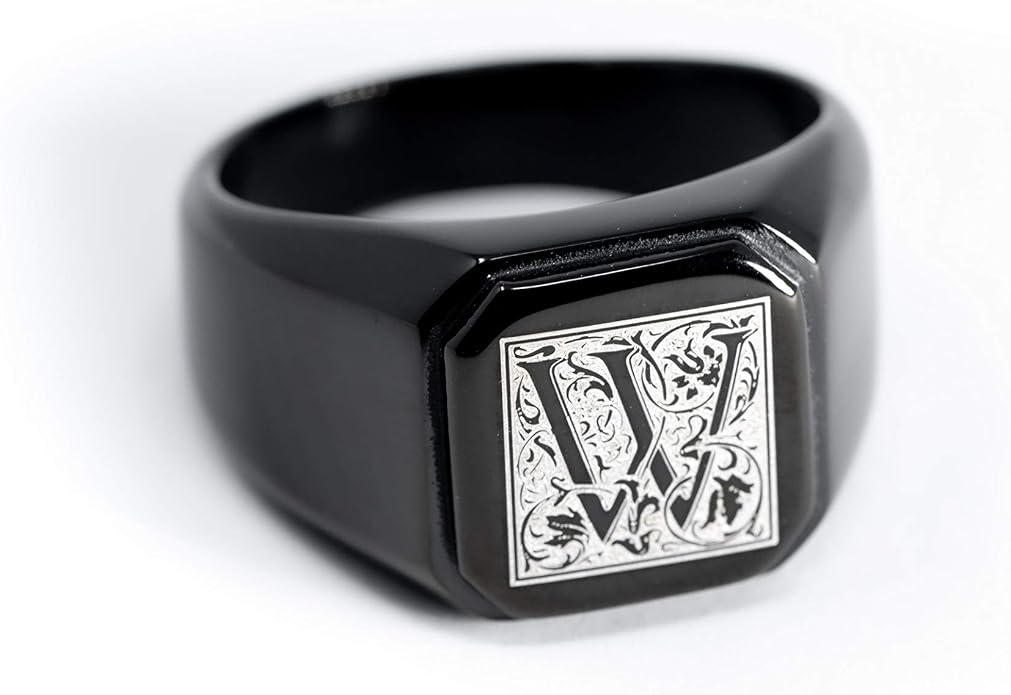 Jewelry | Stainless Steel Letter Alphabet Initial Ring | Square Flat Top Ring for Men & Women | Stainless Steel Jewelry, (Black, Gold, Silver), Size 7-16