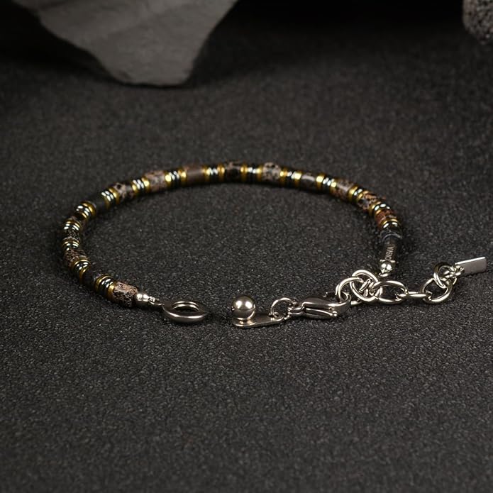 Nightfall Glow Hematite Bracelet for Men, Emperor Stone Beaded Bracelet, Handcrafted Original Design, Adjustable Stainless Steel Bracelet 6.89-8.8 Inch, Stackable Wrist Bracelet, Birthday Gift for Men Dad Boyfriend
