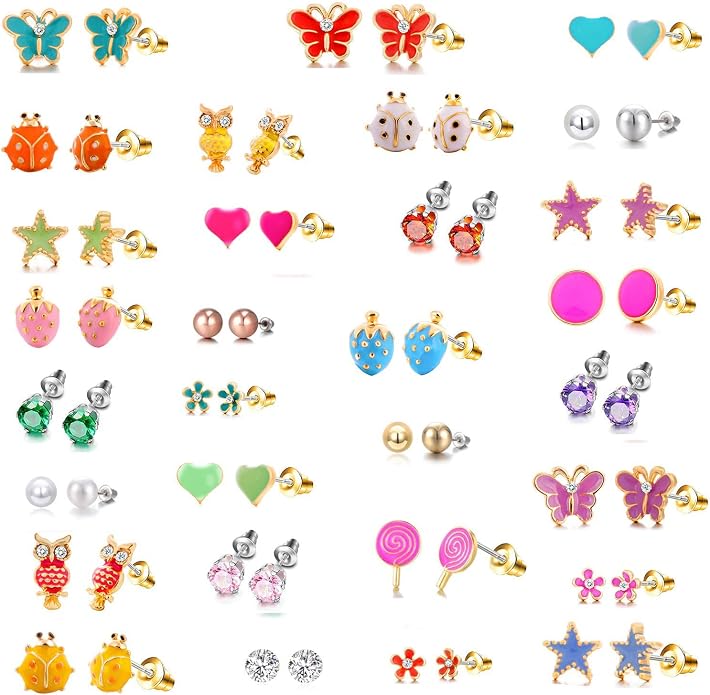 33 Pairs Stainless Steel Cartoon Earrings for Girls - Hypoallergenic Colorful Stud Earing Set, Mix & Match Cute Earring for Teens, Kids, Doll Dressup Accessories