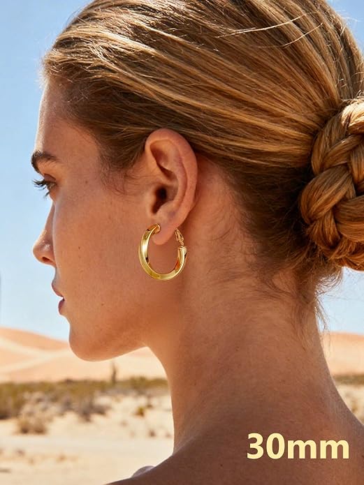 Bestyle 5mm Thick Gold Hoop Earrings Hypoallergenic Hoops for Sensitive Ears Trendy Lightweight Chunky Earrings for Women 30/40/60/80mm