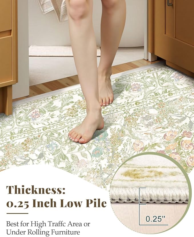 Lunasun Sage Green Long Bedroom Bedside Runner Rugs, 2x6 Non Slip Boho Floral Throw Rug for Kitchen, Hallway, Indoor Entrance, Foyer, Bathroom - Farmhouse Thin Front Door Low Pile Mat