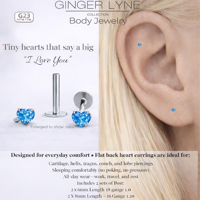 Titanium Heart CZ Labret Stud Earrings for Piercings by Ginger Lyne 6Pc Set G23 Screw Front Flat Back Body Jewelry 2 pair post 6mm, 8mm Cartilage, Helix, Tragus, Lip, Conch, Lobe