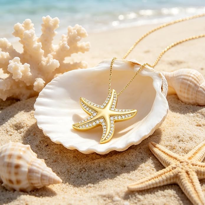 Starfish/Seashell Necklace for Women, 925 Solid Sterling Silver / 14k Gold Plated Sea Life Jewelry with 5A Cubic Zirconia Shell Necklace, Trending Summer Holiday Jewelry Gift for Her