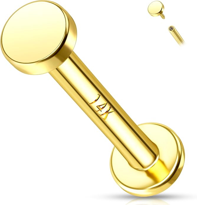 Melighting 14K Solid Gold Flat Back Cartilage Earring 16G Helix Piercing Jewelry Internally Threaded Labret 8mm