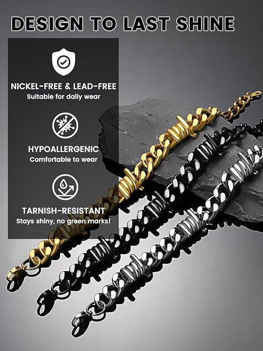 Bestyle Barbed Wire Bracelets 7/9mm Thick Heavy Men Hand Chain Unisex Stainless Steel/Gold/Black Cuban Chain Bracelet Punk Gothic Bracelets for Men Women