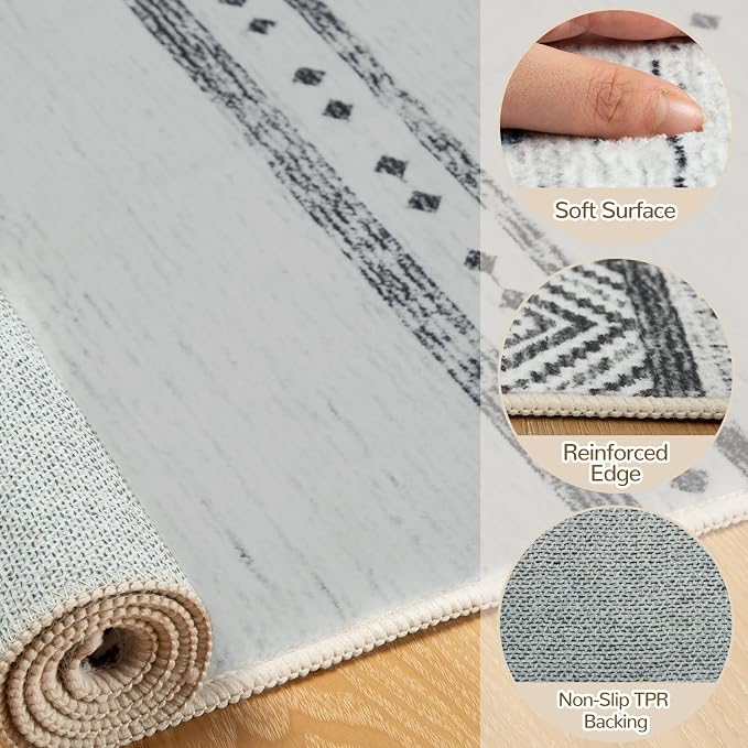 BESTSWEETIE 2x6 Area Rugs for Living Room Washable Moroccan Farmhouse Neutral Geometric Low Pile Non-Slip Soft Print Pattern Rug for Bedroom Kitchen Dining Room Entryway Grey/Black/Navy