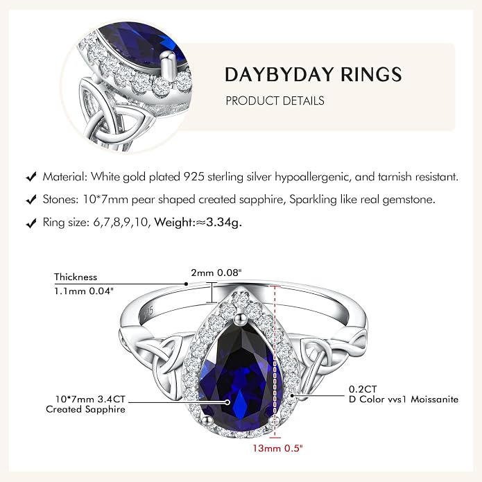 DAYBYDAY Celtic Birthstone Rings for Women 925 Sterling Silver Heart/Round/Pear/Oval Created Gemstone Moissanite Halo Engagement Promise Rings for Her Wife Birthday Anniversary Wedding Jewelry