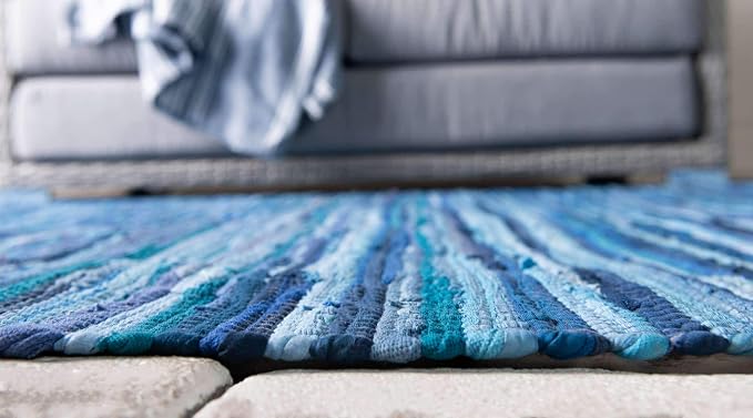 Unique Loom Chindi Cotton Collection Soft Hand Woven Natural Fiber Striped Area Rug, 9 ft x 12 ft, Navy Blue/Ivory