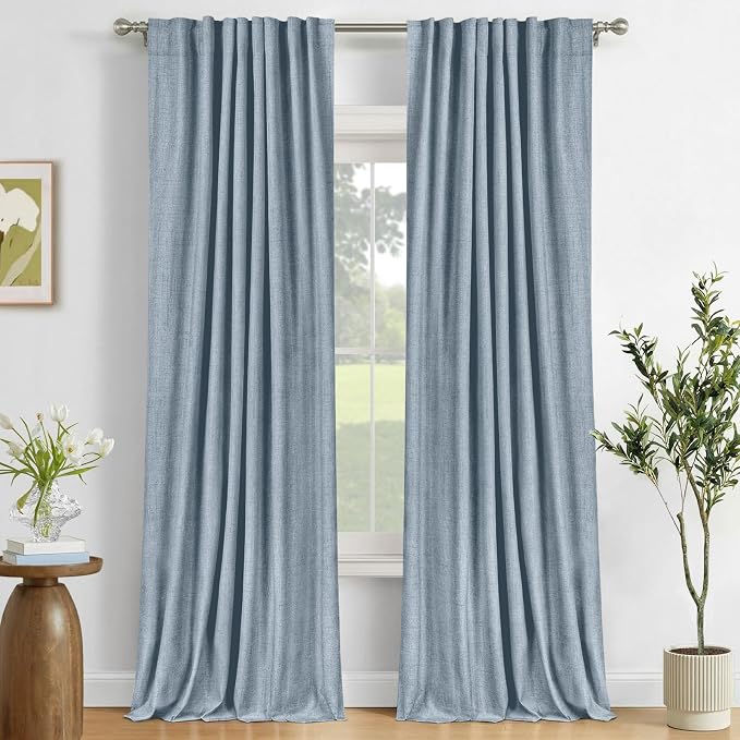 100% Blackout Shield Dusty Blue Linen Blackout Curtains for Bedroom 90 Inches Long, Back Tab/Rod Pocket Living Room Drapes, Thermal Insulated Blackout Curtains 2 Panels Set, 50" W x 90" L