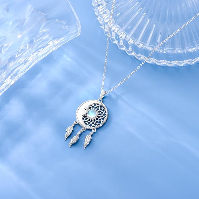 Dream Catcher Moonstone/Turquoise Necklace 925 Sterling Silver Moon Necklace Dream Catcher Pendant Necklace Dream Catcher Jewelry Moonstone/Turquoise Jewelry Sun Necklace Gifts for Women