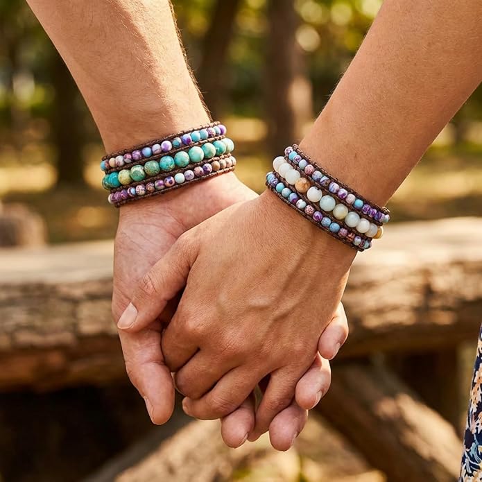 YGLINE Boho Handmade Natural Stone Bead 3 Row Wide Wrap Wrist Statment Bracelet Jewelry Collection
