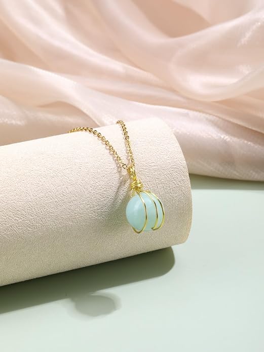 Jovivi Healing Crystal Stone Pendant Necklace Gold Wire Wrapped 16mm Natural Round Gemstone Ball Crystal Necklace for Women Men Reiki Quartz Jewelry