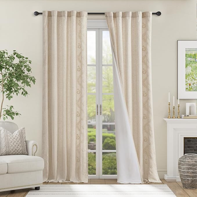 jinchan Floral Lined Linen Curtains 96 Inch Rod Pocket 2 Panels Ivory | Embroidered curtains,privacy lining,boho curtains,light filtering,living room,bedroom,flower patterned,window treatment
