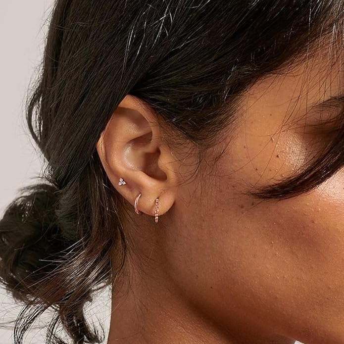 14K Yellow/White/Rose Gold Threadless Earring Top Push in 1 Pcs Triple Clear CZ Flat Back Nose Stud Threadless Cartilage Earring Helix Stud Tragus Piercing Jewelry for Women 6mm/8mm