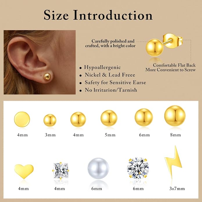 Stud Earrings Set for Women, 14K Gold Plated Hypoallergenic Heart Pearl Ball Studs Pack 316L Stainless Steel CZ Earrings Multi-Style & Size 3-8mm