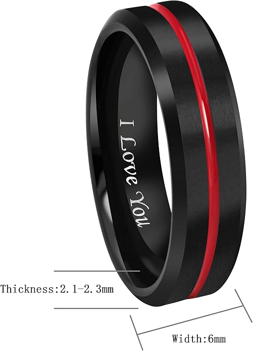 CROWNAL 6mm 8mm 10mm Thin Red Groove Black Brushed Tungsten Carbide Wedding Band Ring Comfort Fit Engraved I Love You Size 5 To 17