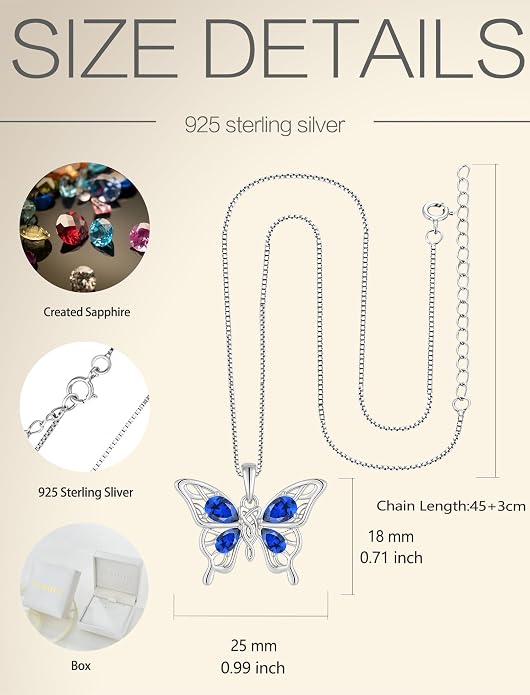 Butterfly Necklace 925 Sterling Silver Celtic Knot Pendant Teardrop Birthstone Twisted Jewelry for Women