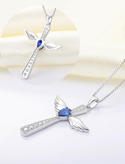 YL Cross Necklace 925 Sterling Silver Angel Wings Pendant Teardrop Birthstone Criss Jewelry for Women
