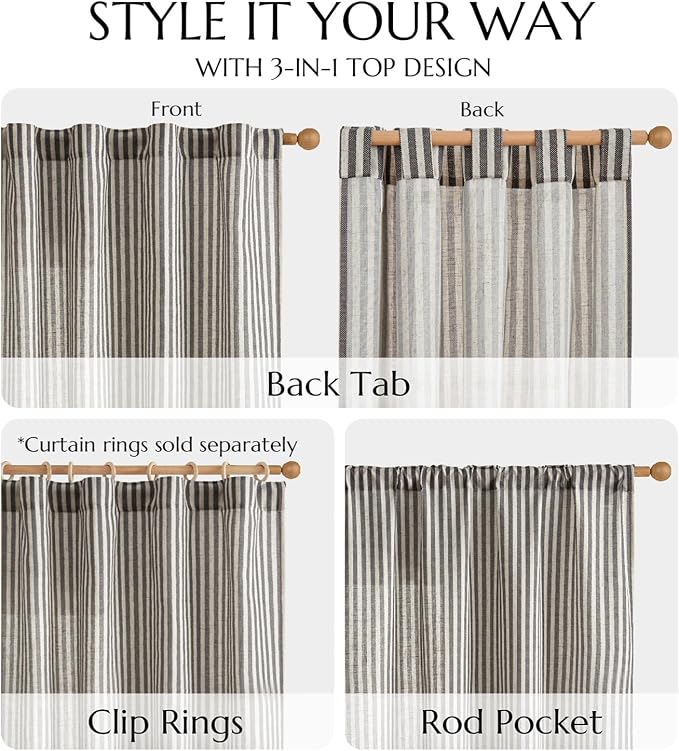 jinchan Linen Curtains 63 Inch Black Stripe on Beige Back Tab 2 Panels | Curtains For Living Room Bedroom,Ticking Stripe, Farmhouse Cottage Core Rustic,Rod Pocket Window Treatment,Light Filtering