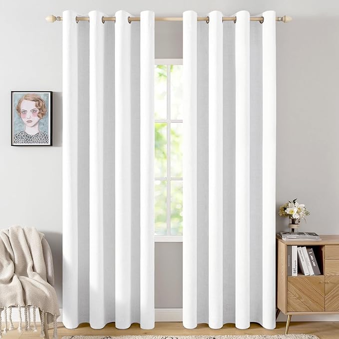 MIULEE 90 Inches Linen Textured Curtains for Bedroom 100% Blackout Thermal Insulated Bright White Grommet Room Darkening Drapes Luxury Decor for Living Room 52 x 90 Inch (2 Panels)