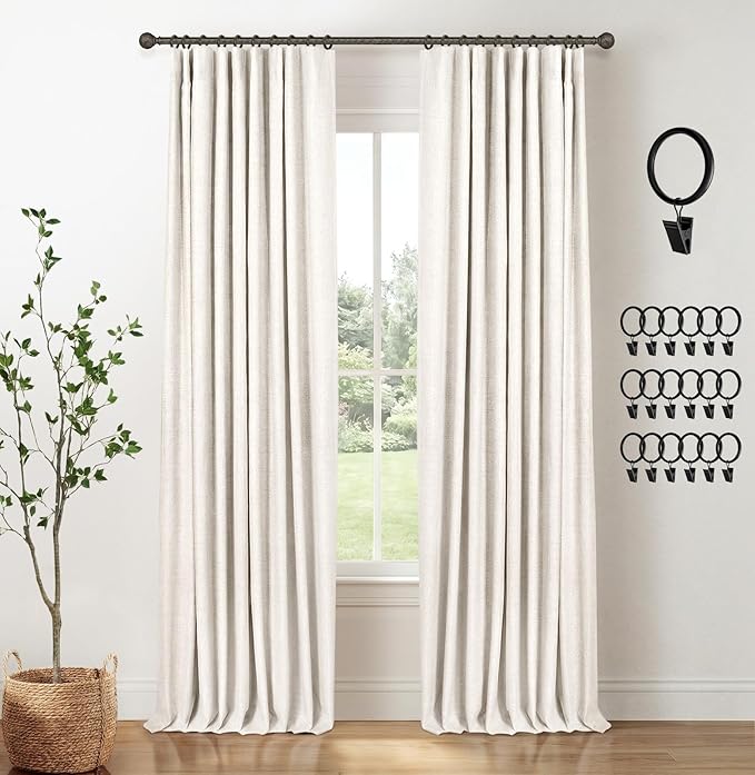 INOVADAY 100% Blackout Curtains for Bedroom, Black Out Curtains 108 Inch Long, Clip Rings Linen Blackout Drapes, Thermal Insulated Room Darkening for Living Room, 2 Panels - Beige,W50xL108