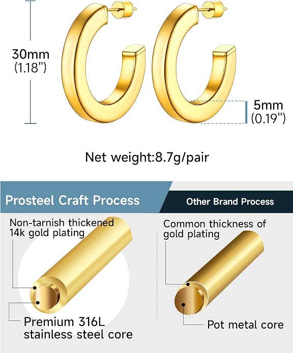 Stainless Steel Chunky Hoop Earrings For Women, Minimalist and Chic, Black/Gold Plated, Round Hoops Earrings Hypoallergenic, Size: 30mm/40mm/60mm/80mm, Come with Box