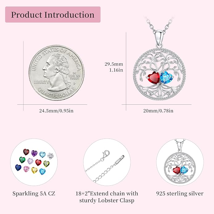 Mothers Day Gifts for Women，925 Sterling Silver Family Tree of Life Pendant Necklaces with 2 Heart Birthstone Jewelry Birthday Anniversary Christmas Gifts for Her Girlfriend Mom Wife Grandma Daughter