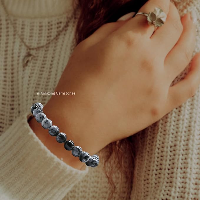 Amazing Gemstone Snowflake Obsidian Bracelet for Women Men's Gifts - Protection Healing Crystal Bracelet - 8mm Gemstone Beaded Adjustable Bracelet