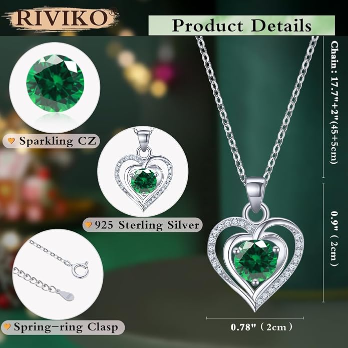 RIVIKO Heart Birthstone Pendant Necklace for Women 925 Sterling Silver Zirconia Necklaces Valentine's Day Anniversary Birthday Mothers Day Jewelry Gifts For Her Mother Wife