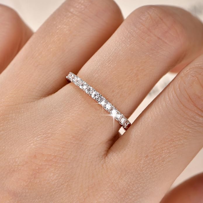 14K Gold Filled Silver Simulated Diamond Moissanite Engagement Promise Ring for Her, Stackable Ring Channel Setting Full Eternity Bridal Band Halo Rings Wedding Bands Size 4 to 10