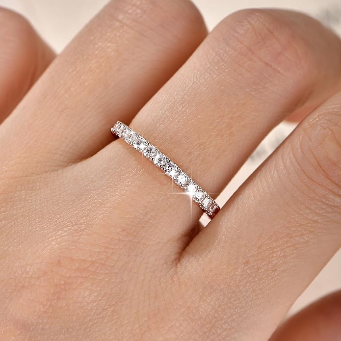 14K Gold Filled Silver Simulated Diamond Moissanite Engagement Promise Ring for Her, Stackable Ring Channel Setting Full Eternity Bridal Band Halo Rings Wedding Bands Size 4 to 10