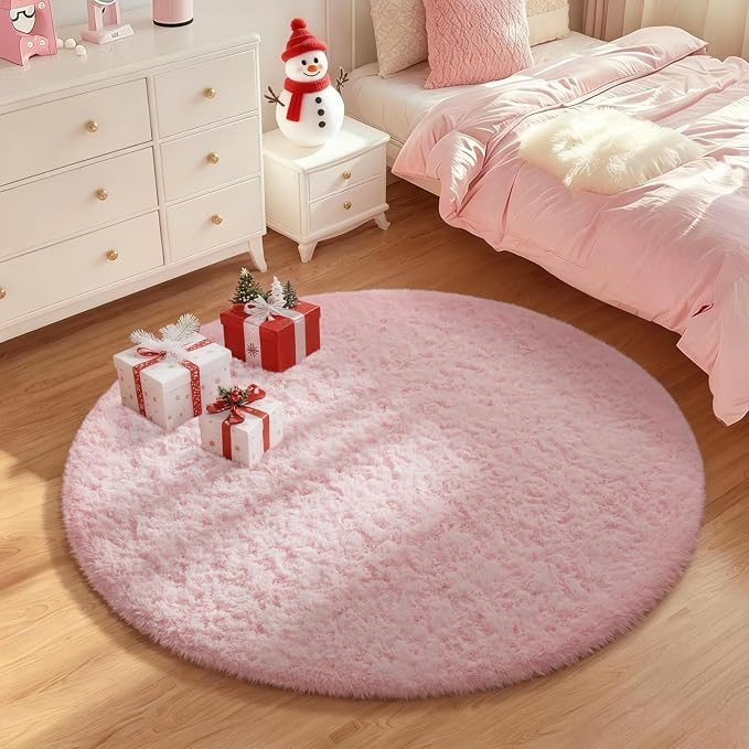 Ophanie Round Rugs 5Ft Pink Circle Area Rug,Fuzzy Bedroom Carpet, Shag Plush Floor Kawaii Christmas Living Room Rugs 5 Foot,Cute Aesthetic Room Decor for Kids Teen Girls Baby Over 99 pcs Pile fibers
