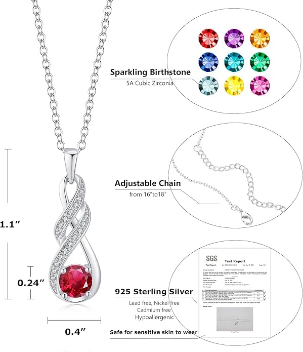 Birthstone Necklaces for Women 925 Sterling Silver Infinity Pendant Created Gemstone Jewelry for Her, 16"+2"