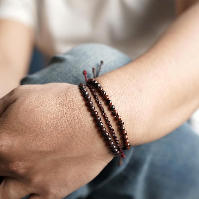 Mezcla Vida 3 Pcs Handmade Natural Gemstone Beaded Bracelet, Adjustable Waterproof Rope Bracelet Set, Valentines Day Birthday Gifts for Boyfriend Husband Him