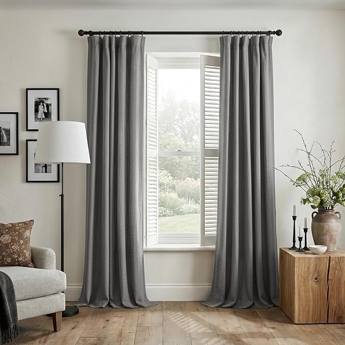 INOVADAY 100% Blackout Curtains for Bedroom, Dark Grey Black Out Curtains 96 Inch Long, Clip Rings Linen Blackout Drapes, Thermal Insulated Room Darkening for Living Room, 2 Panels - W50xL96