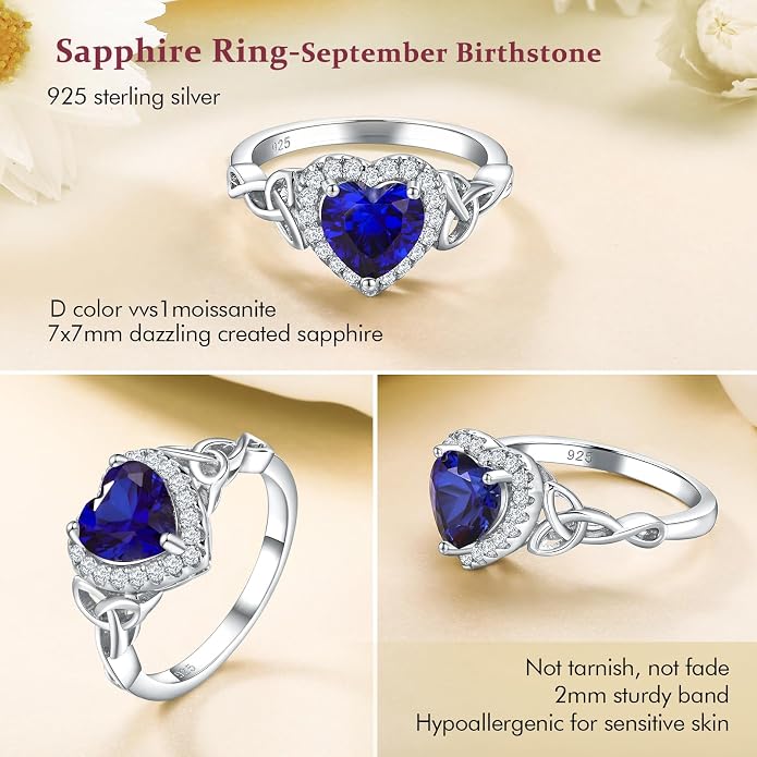 DAYBYDAY Celtic Birthstone Rings for Women 925 Sterling Silver Heart/Round/Pear/Oval Created Gemstone Moissanite Halo Engagement Promise Rings for Her Wife Birthday Anniversary Wedding Jewelry
