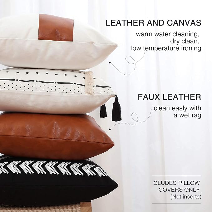 GALMAXS7 Boho Throw Pillow Covers 20 x 20 Set of 4,Faux Leather Throw Pillow Covers,Modern Farmhouse Decorative Pillow Cover Sets for Living Room Couch Sofa Bed,Black and White Pillow Covers