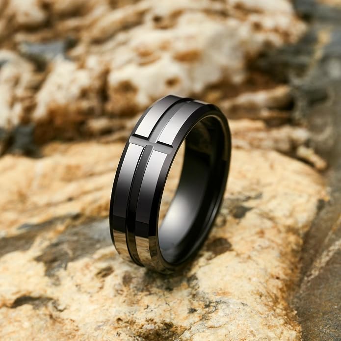 King Will Mens 8mm Rose Gold Groove/Gold Loop/Black Cross Groove Tungsten Carbide Wedding Ring Line Flat Pipe Cut Brushed Polished Comfort Fit 7-14
