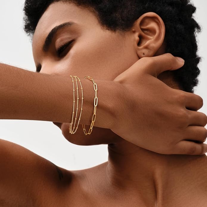 MEVECCO 14K Gold Plated Radiant Sun Necklace & Layered Satellite Chain Bead Bracelet Set for Women, Cubic Zirconia Birthstone Removable Pendant Design, Dainty Simple Jewelry