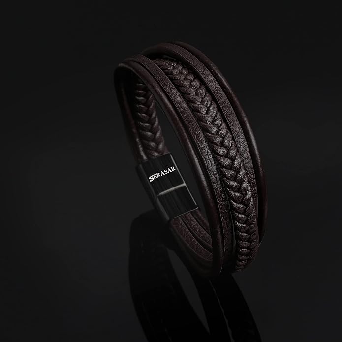 SERASAR | Premium Leather Bracelet [Braid] for Men in Black & Brown | Various Lengths | Magnetic Stainless Steel Clasp | Exclusive Jewellery Box | Great Gift Idea for Men