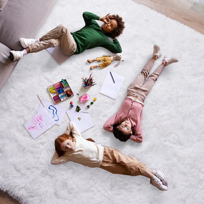 Dssimo White Fluffy Rugs for Living Room Bedroom, 9x12 Shaggy Area Rug | Large Non-Slip Cream Area Rug for Nursery Kids Room Dorm Room Home Decor, Indoor Plush Floor Carpet