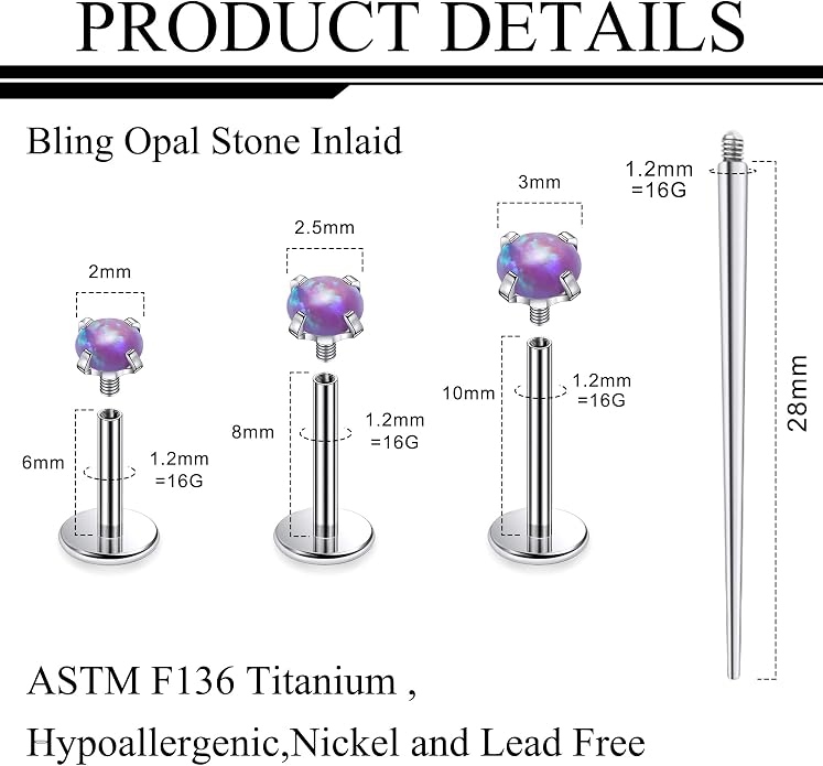 Ruifan Titanium Flat Back Lip Rings Externally Threaded Earrings Studs Nose Rings 20G 18G 16G Round Opal Tragus Cartilage Lobe Rook Helix Conch Labret Medusa Piercing Jewelry for Women Men