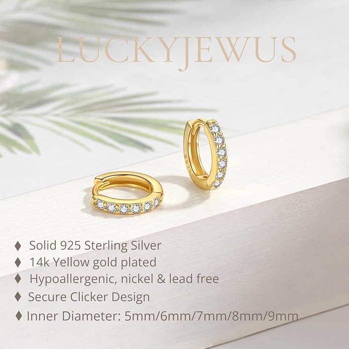 925 Sterling Silver Small Hoop Earrings for Women,14K Gold Plated Tiny Huggie Earrings for Cartilage, Helix, Tragus, Dainty Lightweight Hypoallergenic Mini Hoops,5mm/6mm/7mm/8mm/9mm